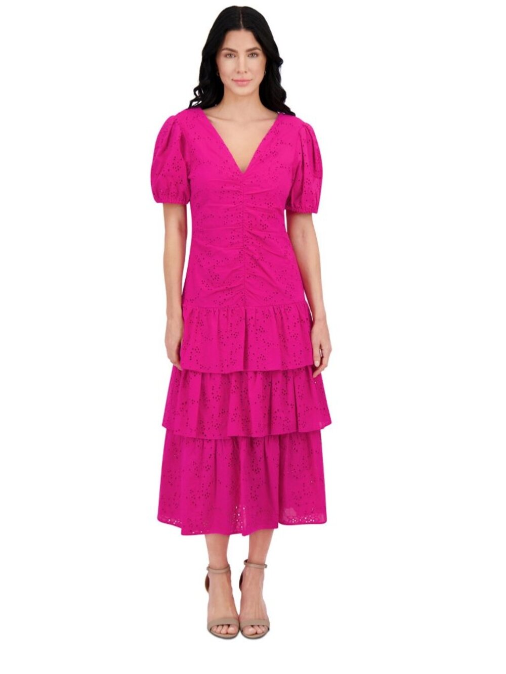 Pink Eyelet Tiered Midi Dress With Puff Sleeves V-Neck And Back Zip Closure